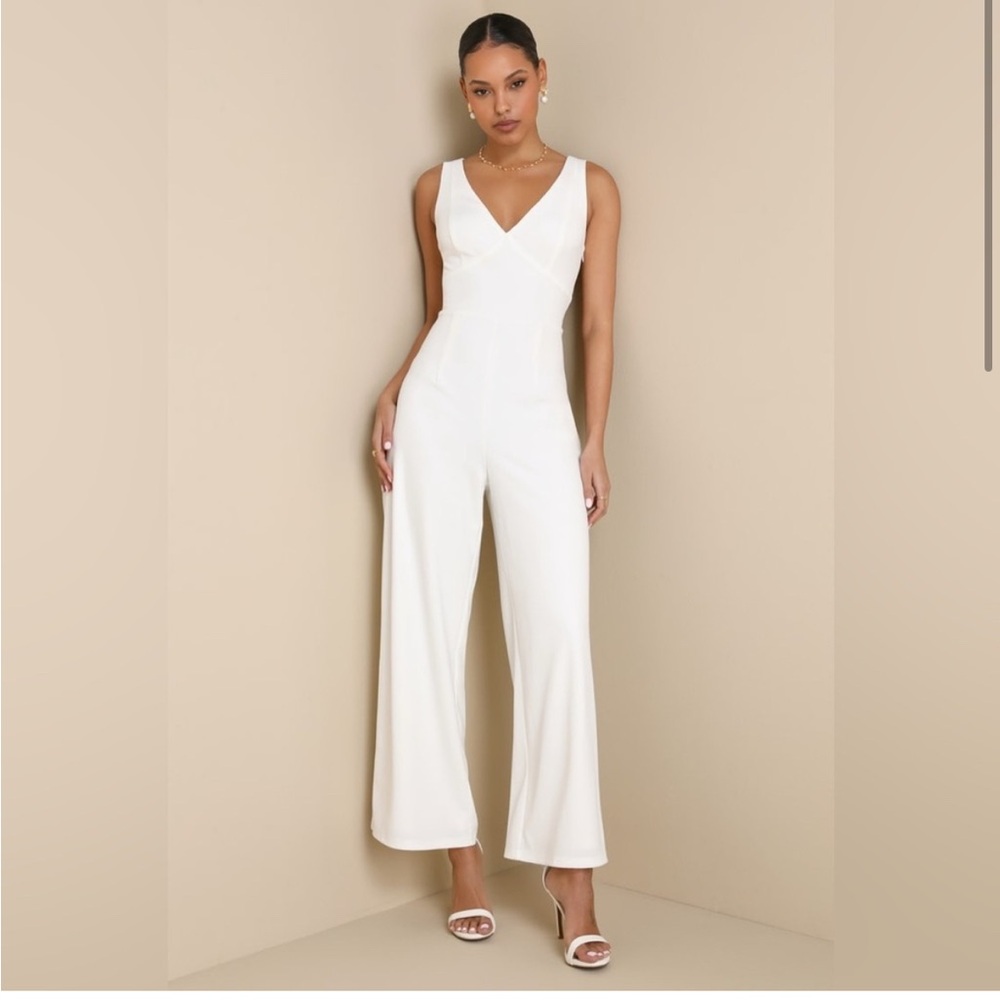 Lulus Sweet Eloquence White Lace Back Sleeveless Wide Leg Jumpsuit
